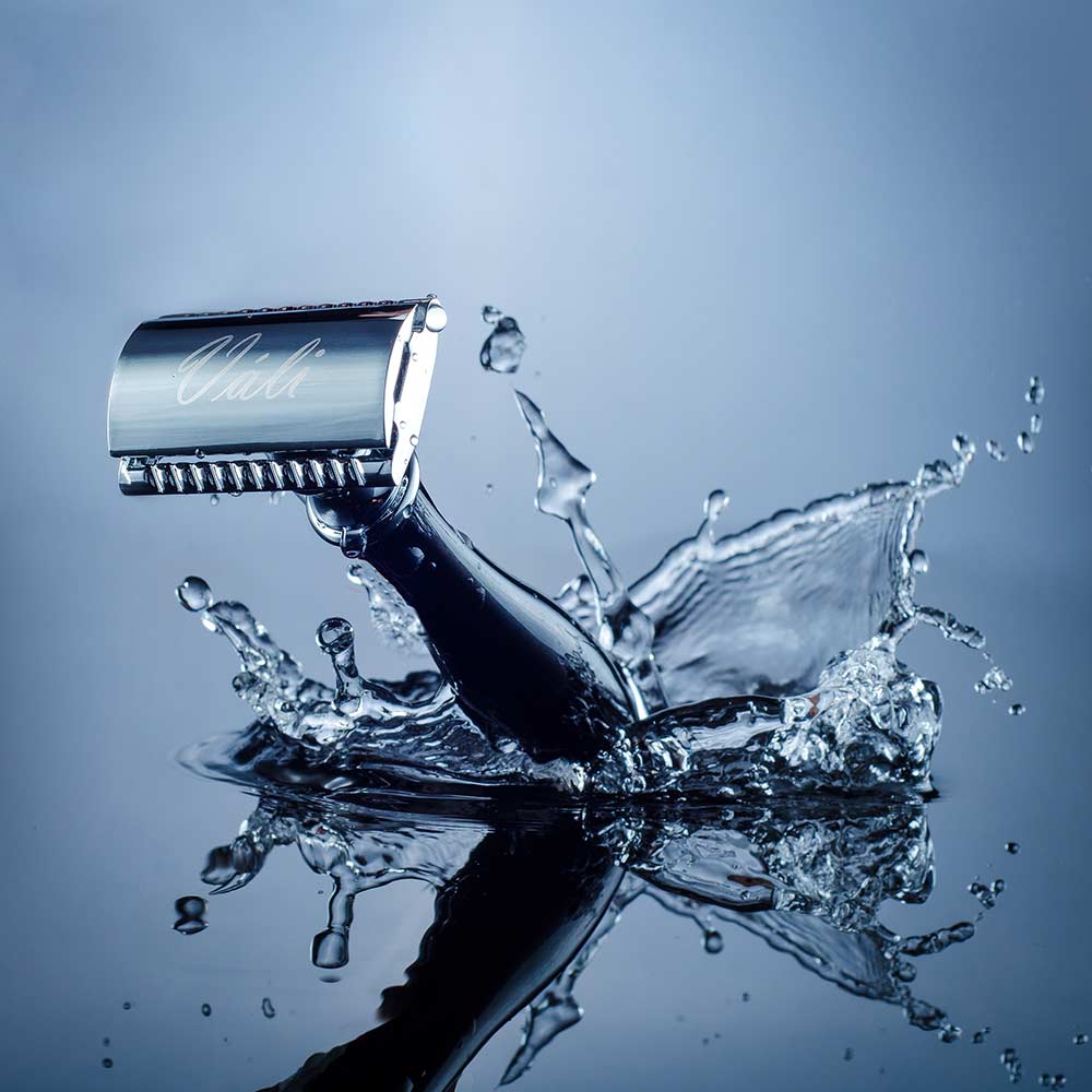 vali safety razor on blue background