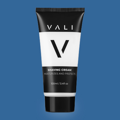 vali shaving cream tube on blue background