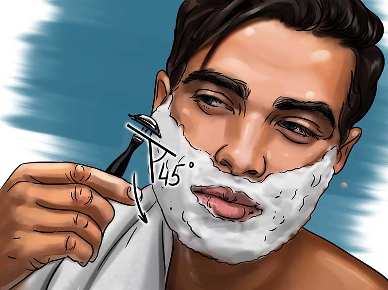 illustration of man shaving with safety razor on 45 degree angle