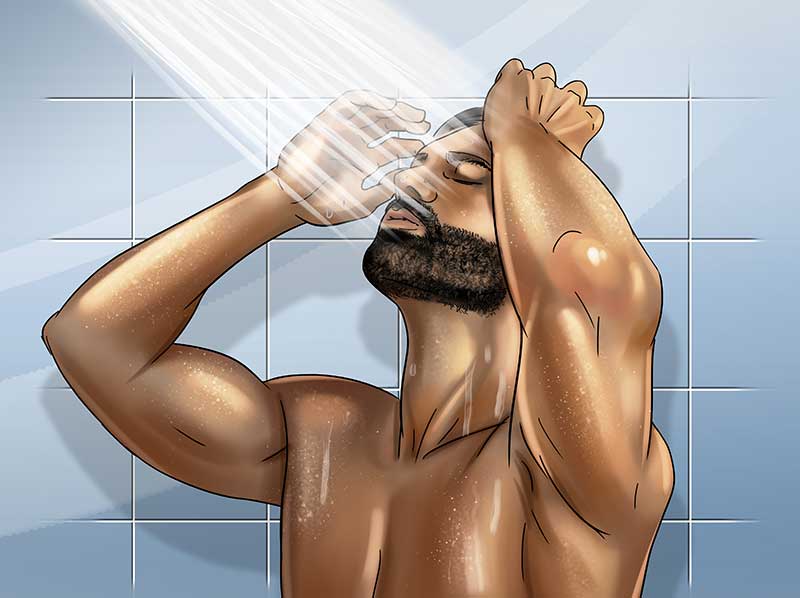 illustration av man som duschar för att förbereda sig för rakning