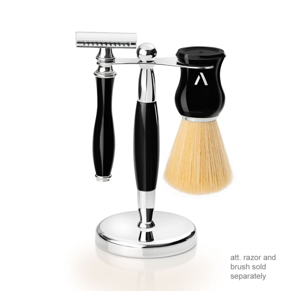 razor stand with safety razor and shaving brush