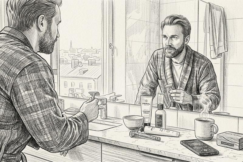 man morgonrutin badrum